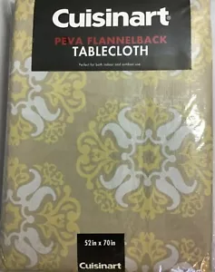 CUISINART PEVA FLANNELBACK TABLECLOTH 52 x 70 INCH ROUND KHAKI GOLD WHITE NIP - Picture 1 of 1