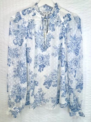 Blusa Rachel Zoe Floral Cuello Volantes Forrada Azul Flores y Bayas XS Foto 1 de 4