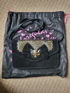 Irregular Choice Meow CAT Metal Black Handbag Jewelled Eyes Velvet - Picture 1 of 4