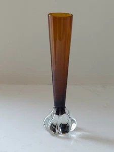 Vintage Aseda Amber Brown  Glass Bud Vase Puffy Clear Base Mid Century - Picture 1 of 8