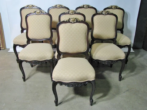 8 Hand Carved Designer French Dining Chairs By Interior Crafts Mahoany + Gilt Cover