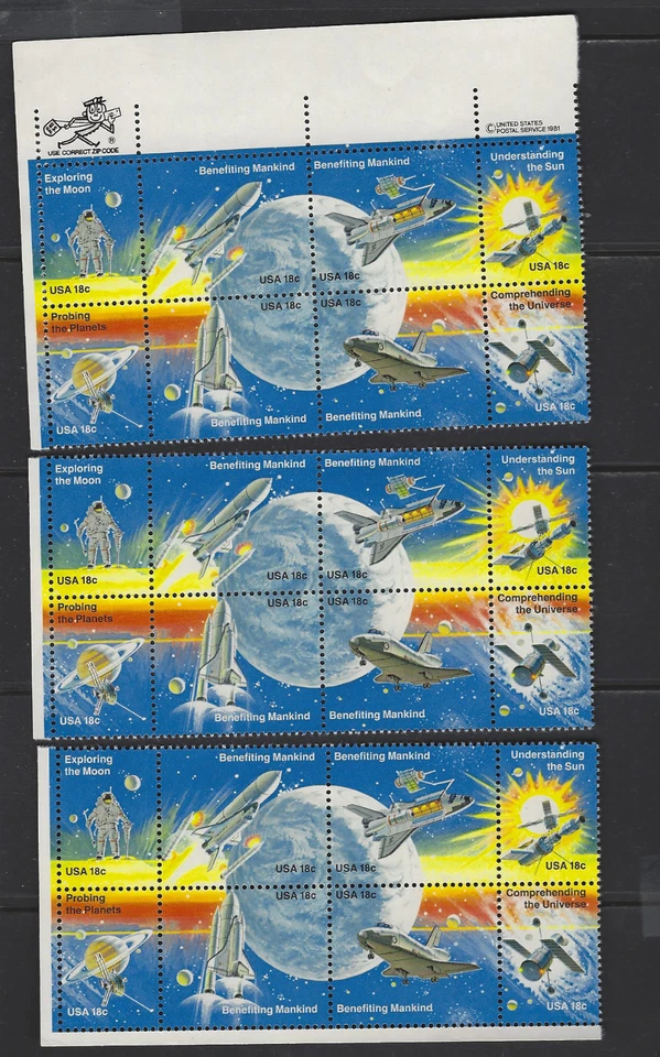 USA SC# 1912-19 Space Achievement 18c 1981 Se-Tenant 3 BLOCKS of 8 MNH FREE SHIP - Image 1 of 1