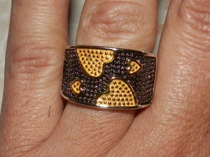 Silver Plated Wide Black & Gold Enameled  Hearts Beaded Ring/Band Sz 5 - Picture 1 of 9