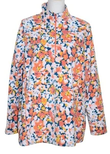 Lands End Womens Pullover Fleece Plus 1X Orange Floral 1/4 Zip Long Sleeve - Picture 1 of 8