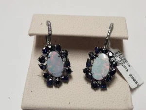 LAST DAYS!7000 RARE GORGEOUS 18KT BLACK OPAL SAPPHIRE DIAMOND DANGLE EARRINGS!! - Picture 1 of 4