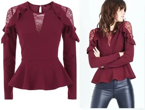 Womens New Look Peplum Frill Top Ladies Blouse Body Vintage Lace Long Sleeve - Picture 1 of 8