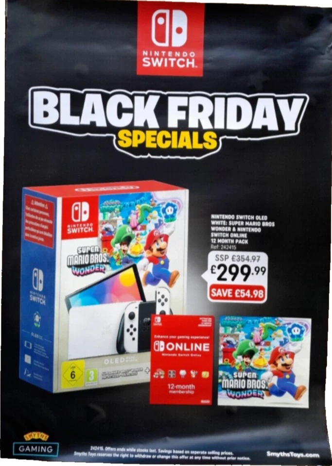 ОГРОМНЫЙ 4-ФУТОВЫЙ БРИТАНСКИЙ ПРОМО-ПЛАКАТ МАГАЗИНА ИГРУШЕК NNINTENDO SWITCH OLED SUPER MARIO BROS WONDER - Изображение 1 из 1