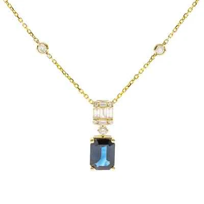 Ohne Kette 18K Gelbgold Smaragd Schliff Ceylon Saphir Und Diamanten Anhänger - Bild 1 von 3