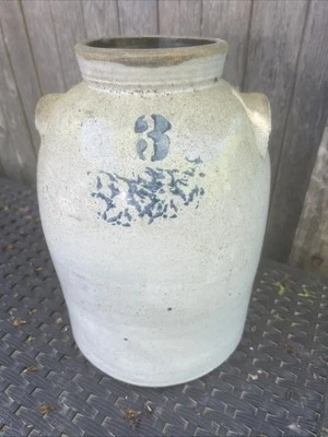 ANTIGUA VASIJA DE GRES ESMALTADO GRANDE COBALTO AZUL PRIMITIVO DE 3 GALONES CON AZUL Foto 1 de 4