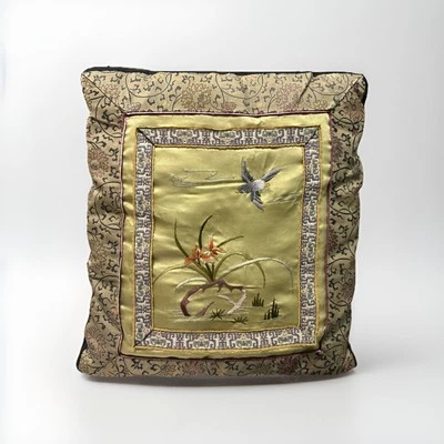 VTGOriental Embroidered Handmade Silk Panel Pillow Bird In Flight & Floral Print - Image 1 of 4