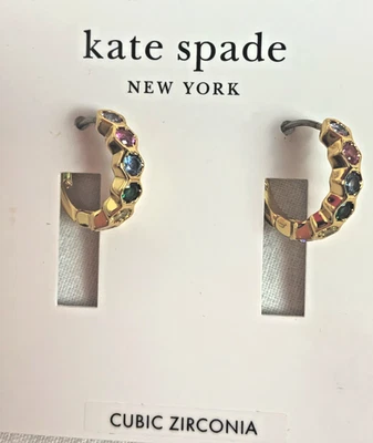 Kate Spade Gold Plated ON THE BALL Pink Multi CZ Small Hoop Earrings KH579 $58 - Image 1 of 4