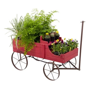 SHINE COMPANY DECORATIVE WAGON GARDEN PLANTER WOODEN WAGON YARD - RED - Picture 1 of 5