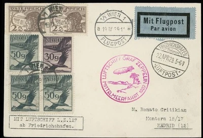 1929, AUSTRIA ZEPPELIN MEDITERRANEAN SEA FLIGHT POSTCARD TO SPAIN, SI. #24A var - Image 1 of 3