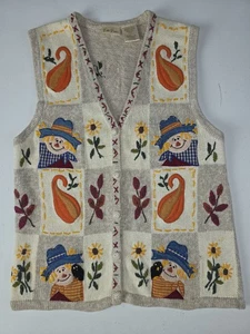 BOBBIE BROOKS SWEATER VEST SZ 8/10 Medium SCARECROWS HALLOWEEN FALL Thanksgiving - Picture 1 of 12