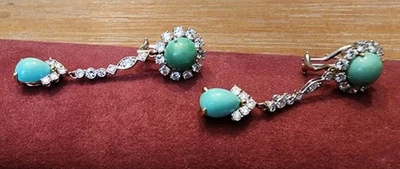 Amazing 14k Gold & Turquoise With Diamonds Dangle Earrings - Image 1 of 4