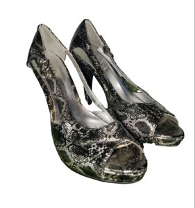Michael Antonio, Gray Faux Patent Snake Print, Peep Toe Pumps - Size 9 Heels