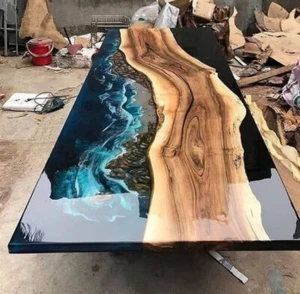 Ocean Waves Epoxy Table Top, Acacia Wood Dining Table Home Decor - Picture 1 of 9