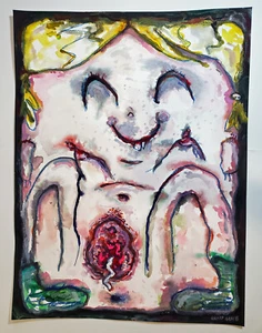 HAPPY GRAVE original watercolor LARGE Painting 2023 surreal "CREAM PIE" - Bild 1 von 4