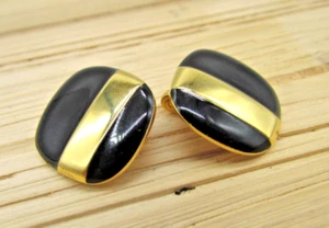 Vintage 1960's Signed Monet Gold Tone Black Enamel Clip Earrings Fashion Jewelry - Picture 1 of 5