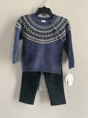 Pantaloni maglione Edgehill Collection Fair Isle set 2 pezzi bambino ragazzo taglia 12 M blu/verde - Immagine 1 di 4