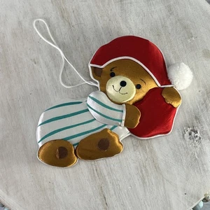 Vintage 80's Puffy Satin Fabric Teddy Bear Pajamas, Heart Christmas Ornament 5” - Picture 1 of 8
