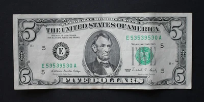 1988 $5 Richmond Federal Reserve Note/F-1979E/average circulation/FREE SHIPPING! - Image 1 of 4