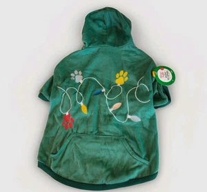 Merry & Bright Pet Dog Hoodie Size Large Holiday Christmas Green Tree Lights Paw - Picture 1 of 12