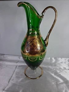 Brocca o brocca vintage in vetro color verde smeraldo e oro stile vittoriano 14 pollici - Foto 1 di 7