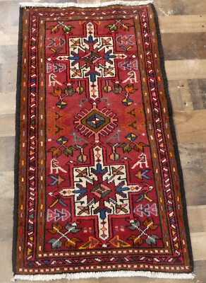 110 CM X 60 CM Handmade wool Authentic Geometric Vintage Karajeh Herizz area rug - Image 1 of 4