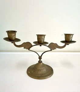 Vintage Brass 3 Arm Candelabra Candlestick Holder Tea Cups Lucky Elephant 20cm - Picture 1 of 8