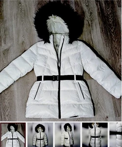 Michael Kors White Belted Puffer Jacket Black FauxFur Trim Hood Medium Yoga Cuff - Picture 1 of 1