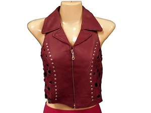 Ladies' Solid Leather Burgundy/Dark Red Vest Stud Trim Crosshatch Back-Sexy Look - Imagen 1 de 2