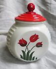 VINTAGE FIRE KING TULIPS 1940's Grease Jar/Canister with Tulips & Red Lid- EXC!