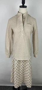 Vintage 70er LANZ Rock Set XS beige Gingham kariert A-Linie Midirock Popover Top - Bild 1 von 20