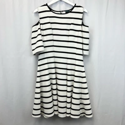 Gabby Skye Womens Fit & Flare Dress Black Striped Stretch Half Sleeve Cut Out 12 - Image 1 of 4