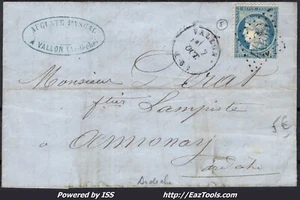 FRANCE N°60C SUR LETTRE POUR ANNONAY GC 4089 VALLON ARDECHE + CAD DU 02/10/1875 - Picture 1 of 2