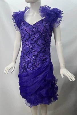 Vintage Karen MIller Purple Sequin Ruffles Ruched Prom Dress 80s Sz 11 - Image 1 of 4