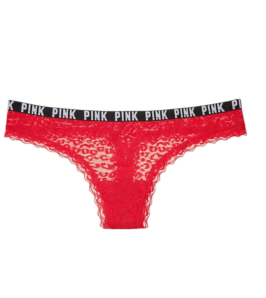 Victoria's Secret ROSA Leopardo Encaje Tanga Panty Rojo Brillante Foto 1 de 1