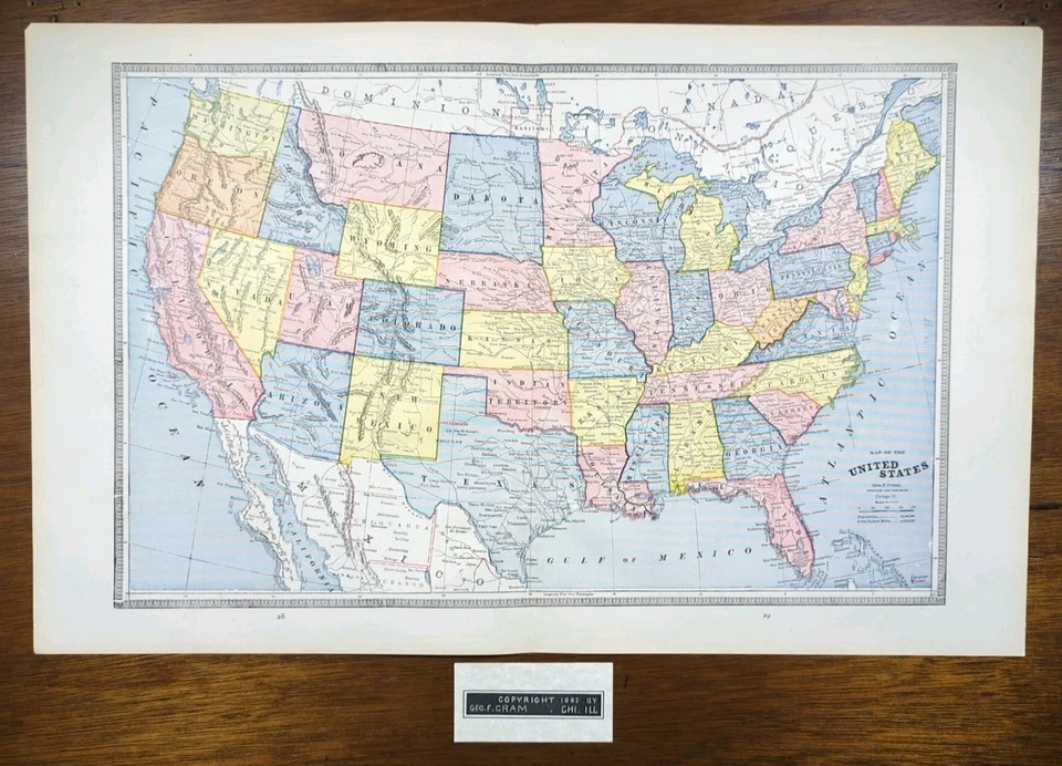 Mapa de colección 1883 ESTADOS UNIDOS DE AMÉRICA 21"x13" ~ Antiguo Antiguo Original EE. UU. DC Foto 1 de 4