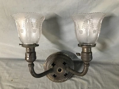 Antique Single Gothic Mission Brass Double Arm Glass Sconce Light Old 1212-25B - Image 1 of 4