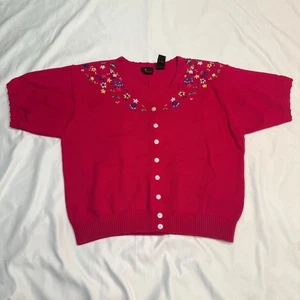Vintage Lizsport Floral Embroidered Button Cardigan Top Pink Cotton Knit Size M - Bild 1 von 7