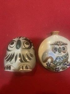 Mexiko Tonala Keramik Eulen Handarbeit & handbemalt Volkskunst - 2er Set - Bild 1 von 11