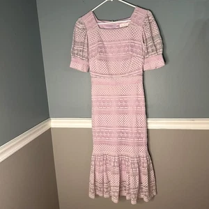 Rachel Parcell Lavender Lace Eyelet Midi Dress Square Neck Puff Sleeve XXS - Afbeelding 1 van 11