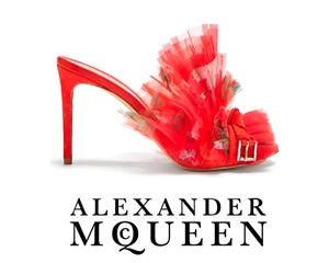Alexander McQueen Tonal Red Women 7 US Floral Print Pleated Organza Mules (0190) - Picture 1 of 11