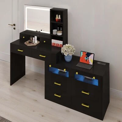 Black Make up Vanity Desk with Mirror 3-Color Lighting Modes Charging Station - Image 1 of 4