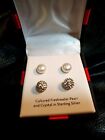 NWT 2 pair EARRINGS, Freshwater Button PEARL and tiny CRYSTAL, silver, gift box