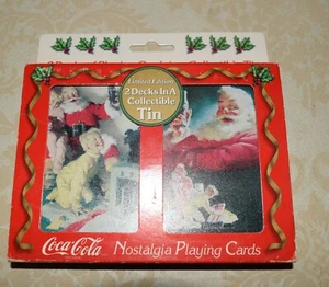 Coca Cola Nostalgia Playing Cards,Collectible Tin w/Santa,1997 Calendar,2 Decks - Picture 1 of 6