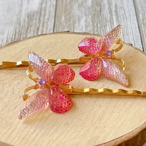 Pink & Gold Butterfly Hair Pins - Picture 1 of 10