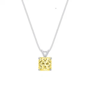 2.50 Ct Princess Canary Created Diamond Real 18K White Gold Pendant Necklace 18" - Picture 1 of 2