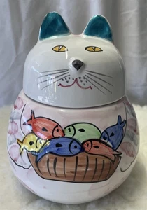 Pier 1 Imports roly poly Cat w/fish ceramic cookie jar handpainted Italy signed - Picture 1 of 16